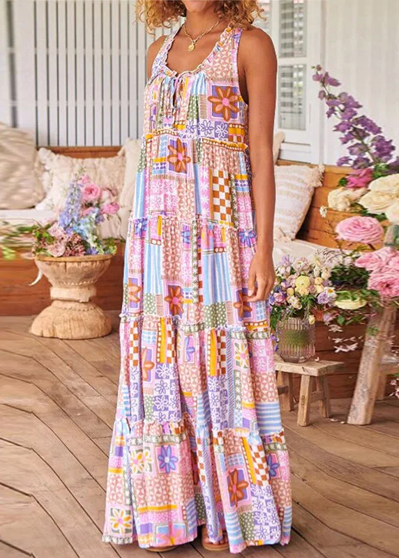 Women Pink Ruffled Print Cotton Long Dresses Sleeveless Tunics Trendy modern