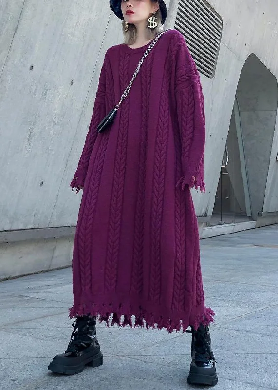 Women purple Sweater dresses Refashion cable Largo tassel sweater dress Houndstooth Herringbone Solid