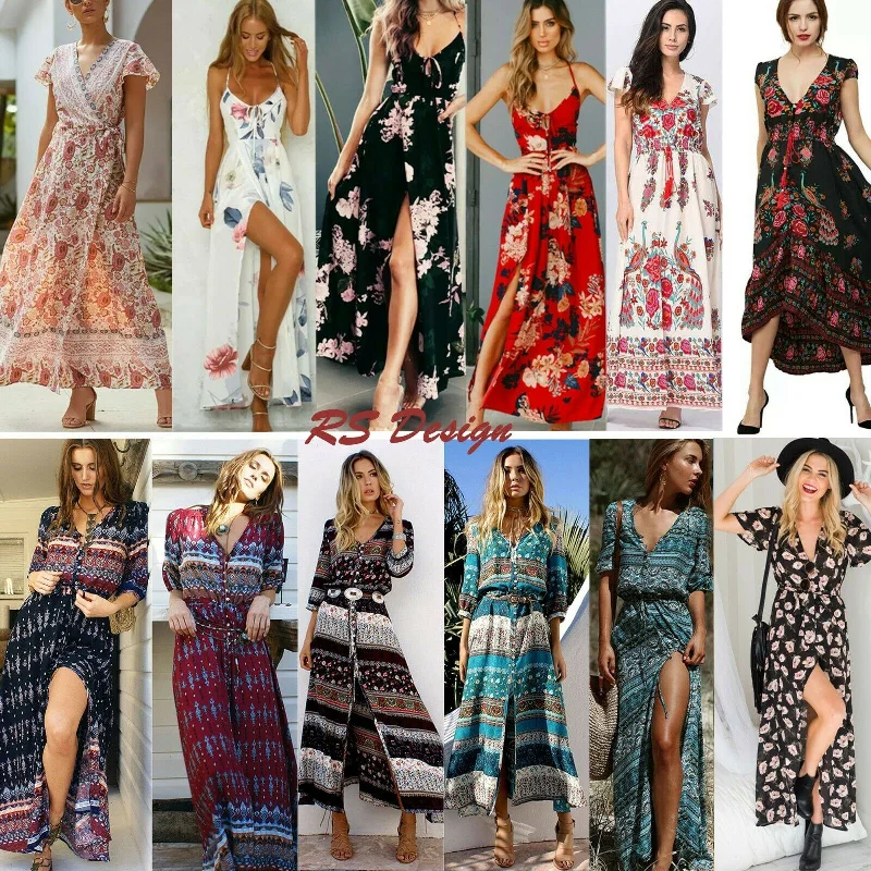 Women's Maxi Boho Floral Summer Beach Long Dress Tunics Modern contemporary