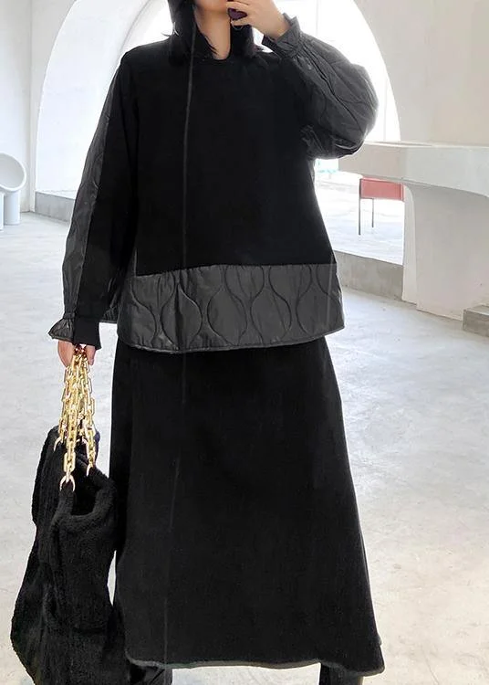 Women's Retro Winter Fashion Black Patchwork sweater skirt two piece set Transparent Opaque Sheer