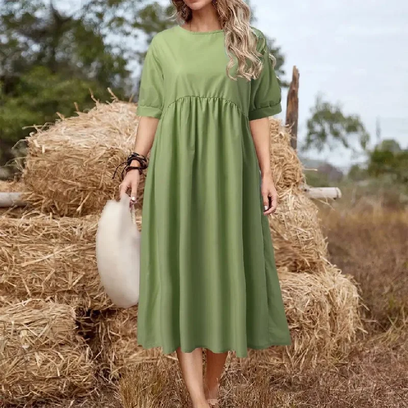 Women's Short Sleeve Solid Loose Waist O-Neck Comfortable Style Casual Summer Long Dress 5XL B-108260 Tunics Chinos classic