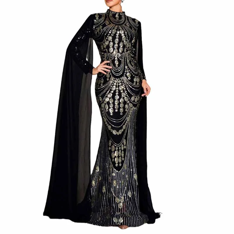 Women's Stand Collar Cape Sleeves Prom Dress Black Sequin Wedding Dress Tunics Silk luxurious