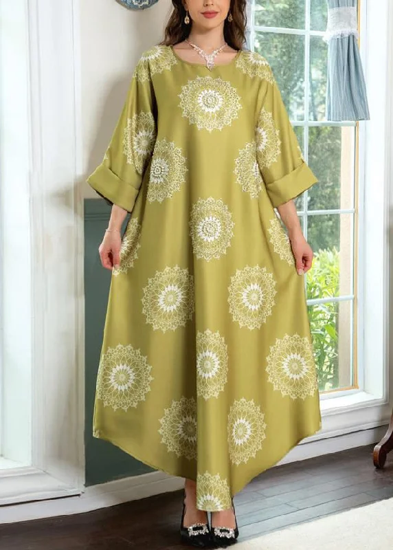 Yellow Print Cotton Long Dresses O Neck Half Sleeve Tunics Luxurious high-end