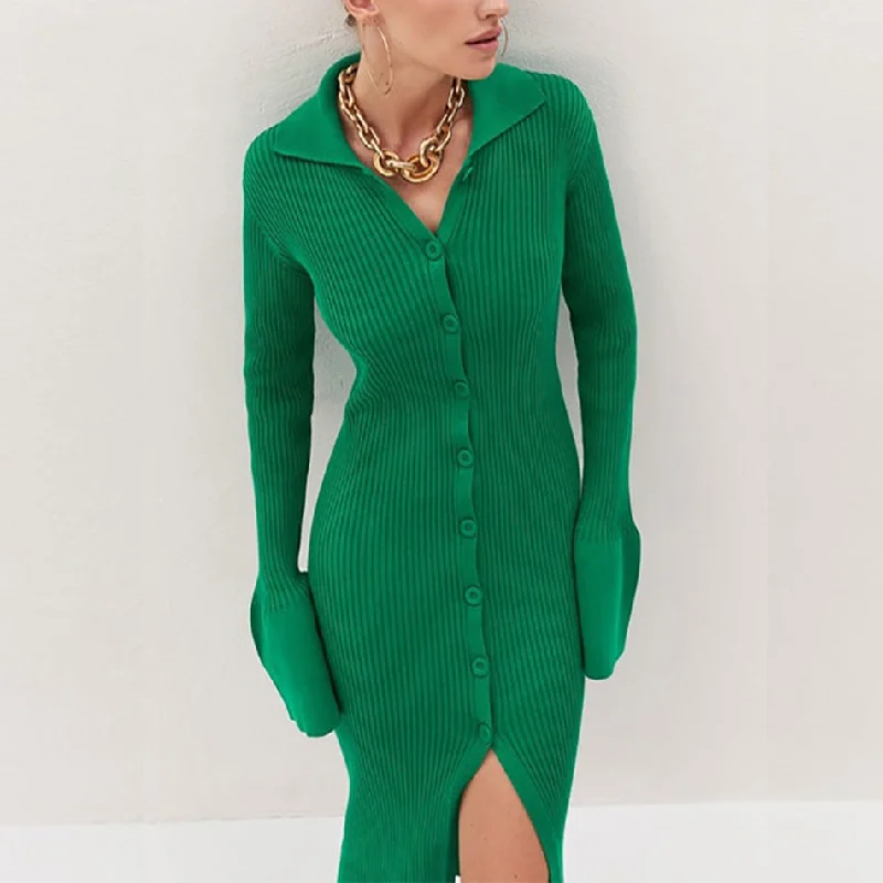 Spring New Fashionable V- Neck Solid Button Knitted Casual Long Sweater Dress For Women Fitted Loose Oversized