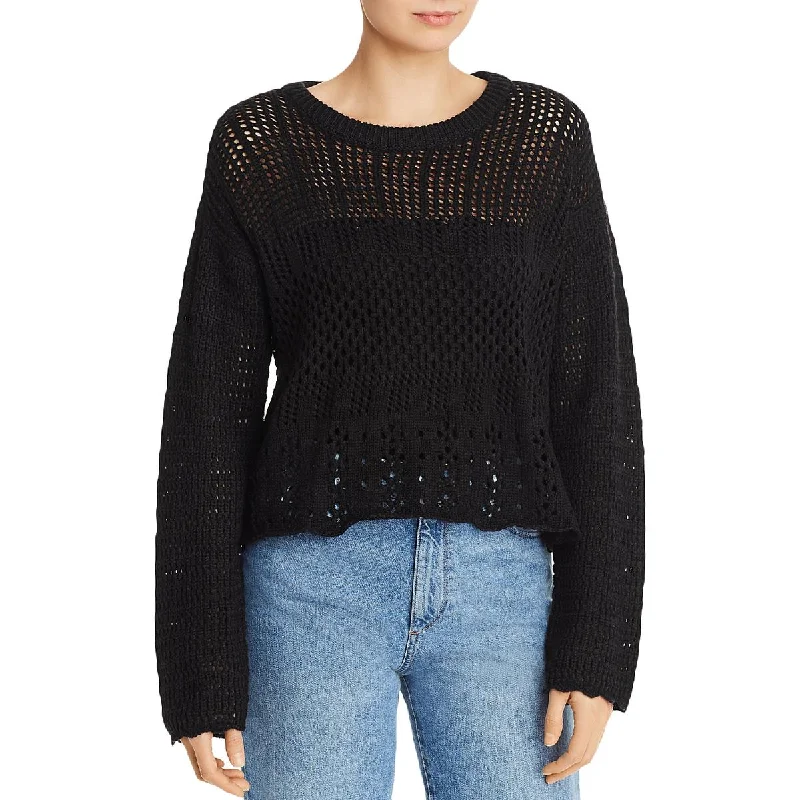 Aqua Womens Crochet Crewneck Sweater Nylon Fabric Polyester Fabric Spandex Fabric