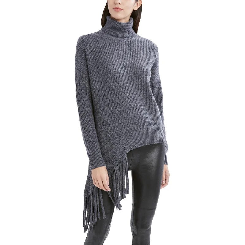 BCBG Max Azria Women's Asymmetrical Ribbed Knit Fringed Trim Turtleneck Sweater Zippered Front Buttoned Front Snap Front