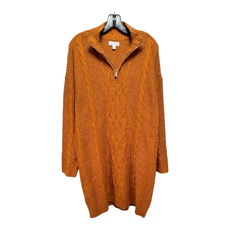 Cable Knit Quarter Zip Dress Sweater By Calvin Klein In Orange, Size: L Spandex Rayon Corduroy Cable Knit Quarter Zip Dress Sweater By Calvin Klein In Orange, Size: L Spandex Rayon Corduroy