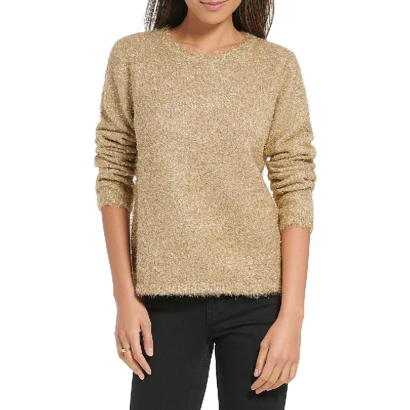 Calvin Klein Womens Metallic Eyelash Crewneck Sweater Toggled Drawstring Belted