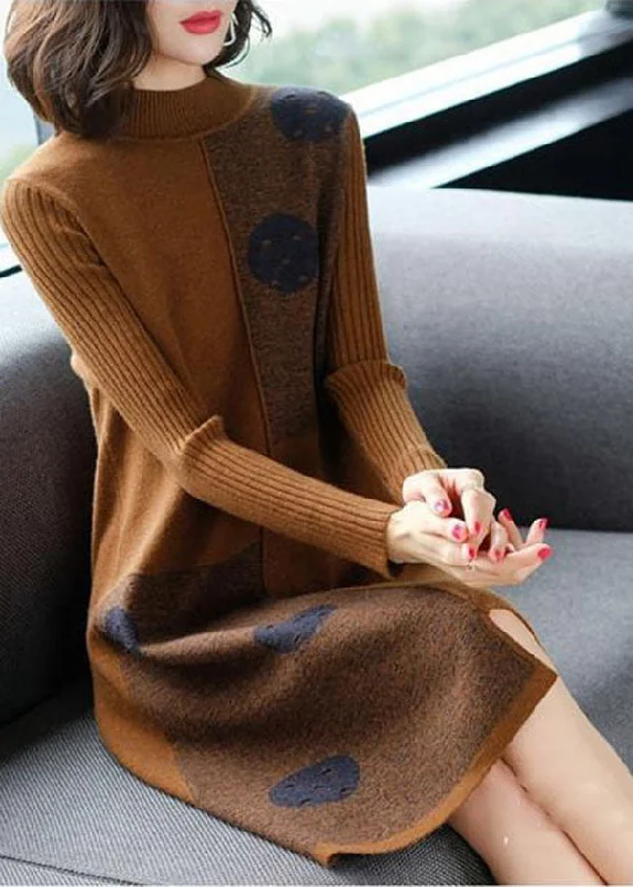 Fashion Chocolate High Neck Asymmetrical Design Knit Sweater Dress Long Sleeve Turtle Neck Boat Neck Asymmetrical Neck