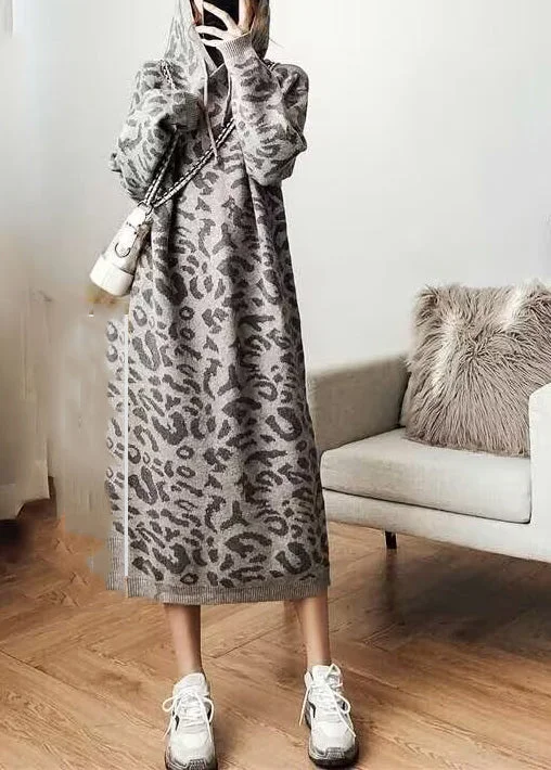 Fashion Grey Leopard Cozy Hoodie Knit Sweater Dress Fall High Neck Crew Neck V-Neck