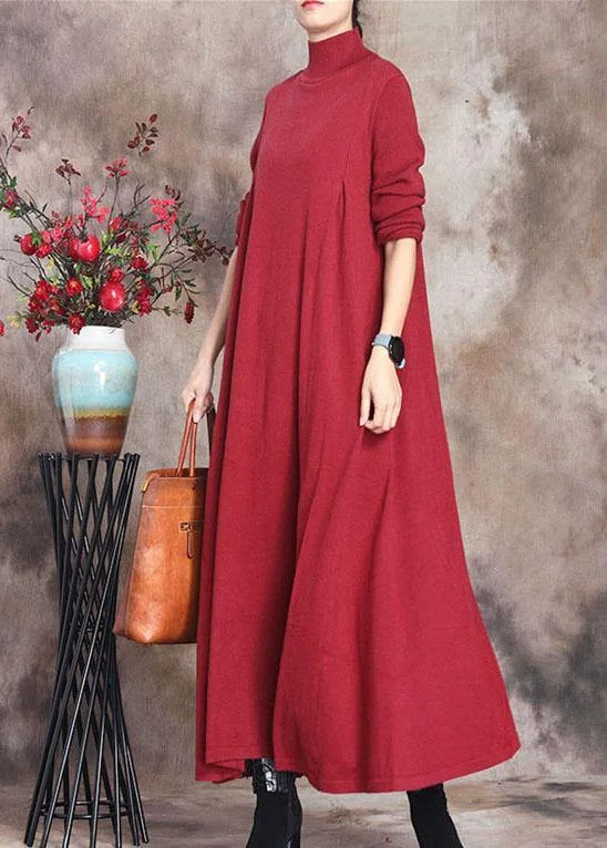 Fashion Red retro Knit slim fit Fall Long Sweater Dress Ribbed Striped Patterned