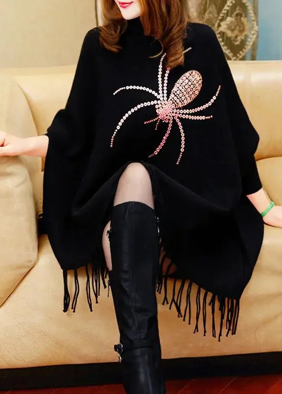 Fine Black Turtleneck Tassel Long Knit Sweater Dress Winter Chenille Fabric Brocade Fabric Lace Fabric