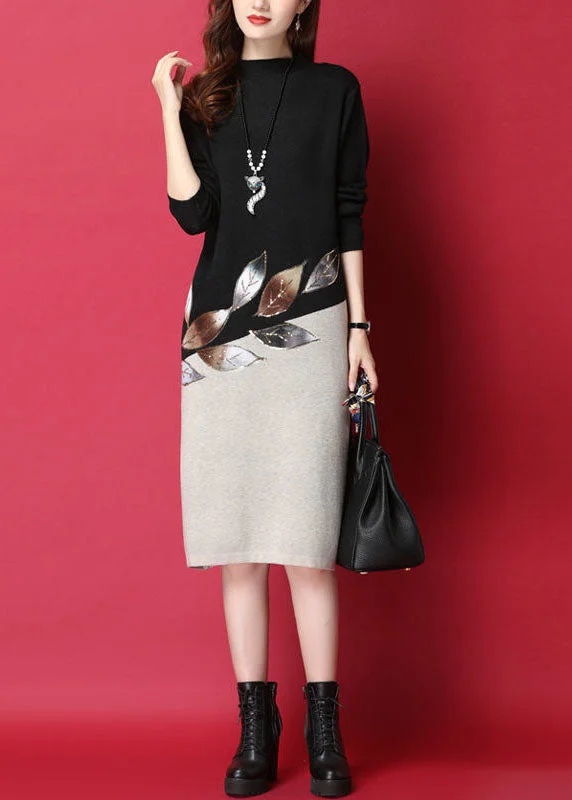 Fitted Black Stand Collar Patchwork Knit Sweater Dress Long Sleeve Cotton Fabric Linen Fabric Terry Fabric