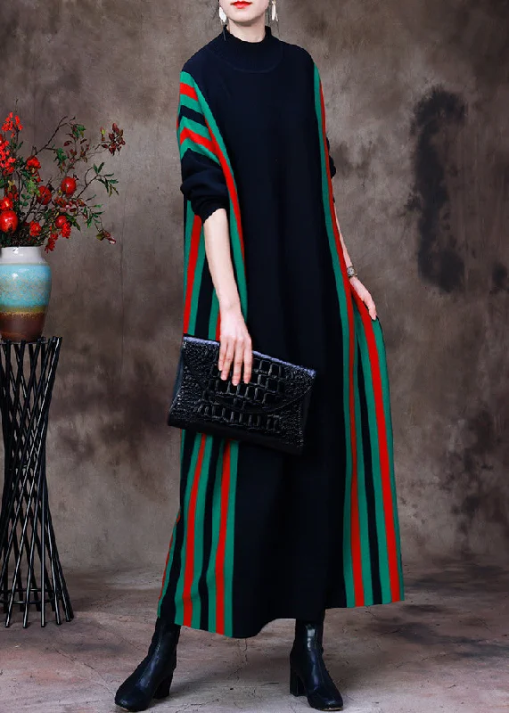 Fitted Black Turtleneck Striped Patchwork Knit Long Sweater Dress Long Sleeve Fleece Fabric Down Fabric Feather Fabric