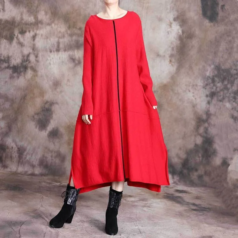 For Spring o neck asymmetric Sweater fall Wardrobes fashion red baggy knit dresses Satin Fabric Silk Fabric Chiffon Fabric