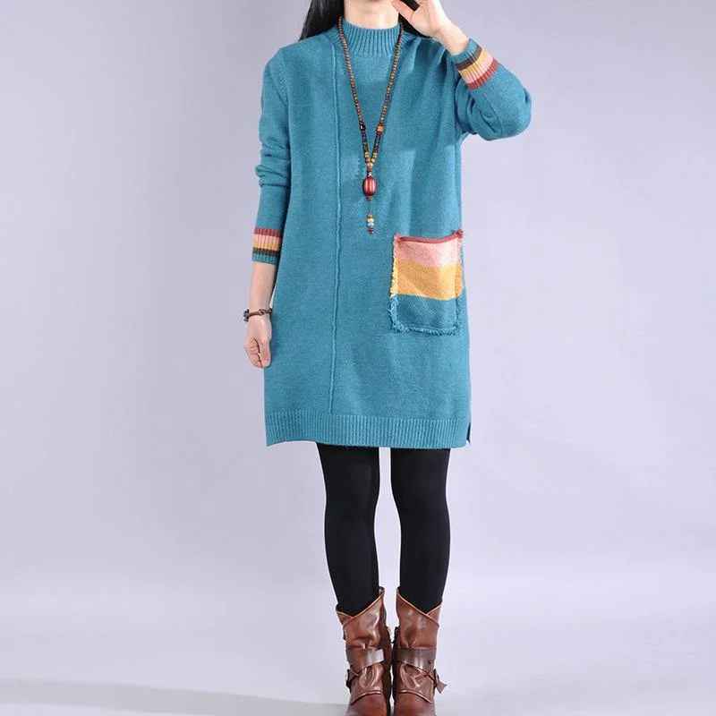 For Work side open Sweater patchwork pockets dress outfit plus size blue Big knitted tops Faux Fur Fabric Real Fur Fabric Shearling Fabric