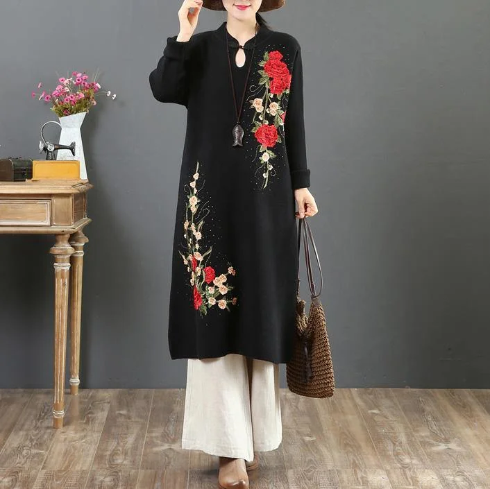 For Work stand collar Sweater embroidery outfits Street Style black wild Ugly knit dresses Denim Fabric Leather Fabric Suede Fabric