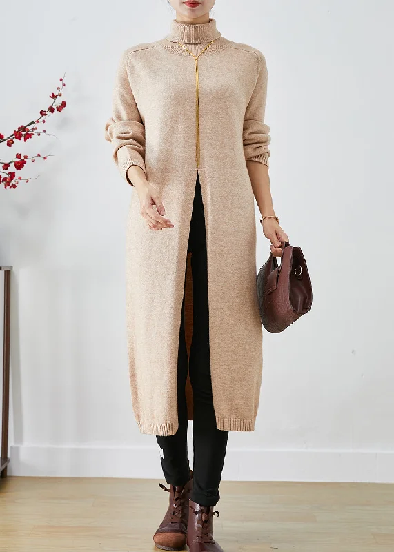 French Apricot Turtle Neck Side Open Knit Sweater Dress Fall Front Pockets Side Pockets Patch Pockets