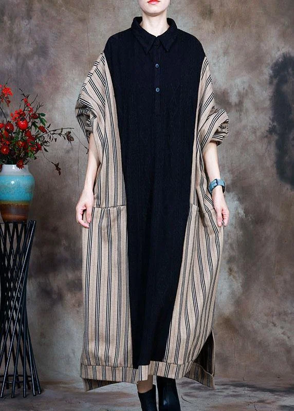 French Black Patchwork Striped Button Fall Sweater Dress Knit Fabric Woven Fabric Fleece Fabric