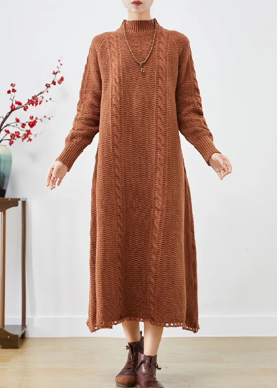 French Khaki High Neck Cable Knit Sweater Dress Winter Striped Floral Plaid