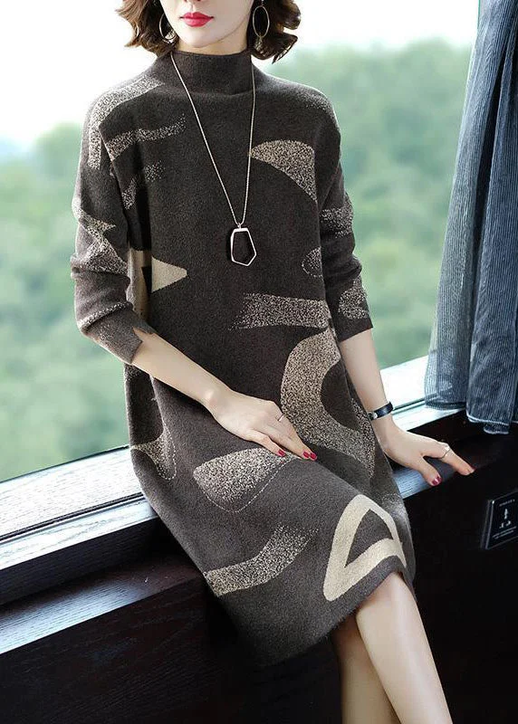 French Khaki Stand Collar Oversized Print Cashmere Sweater Dress Long Sleeve Lace Blend Ribbed Blend Corduroy Blend