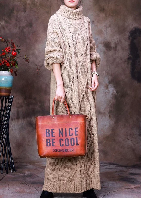 French Khaki Turtle Neck Hollow Out Knit Winter Sweater dress Collared Crew Neck Turtle Neck
