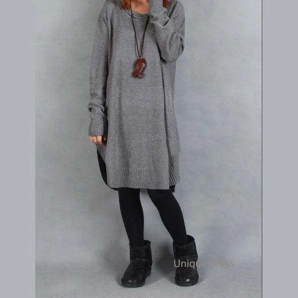 Gray side open women sweater dress Herringbone Houndstooth Plaid