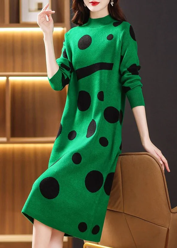 Green Dot Print Patchwork Knit Sweater Dress Turtleneck Long Sleeve Fitted Slim Tailored Green Dot Print Patchwork Knit Sweater Dress Turtleneck Long Sleeve Fitted Slim Tailored