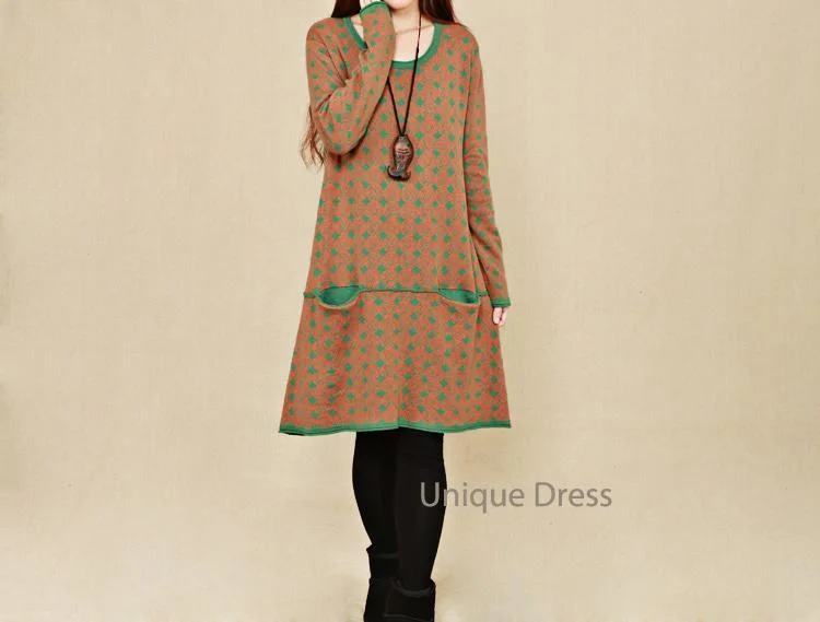 Green print women long sweater dress Thin Thick Dense