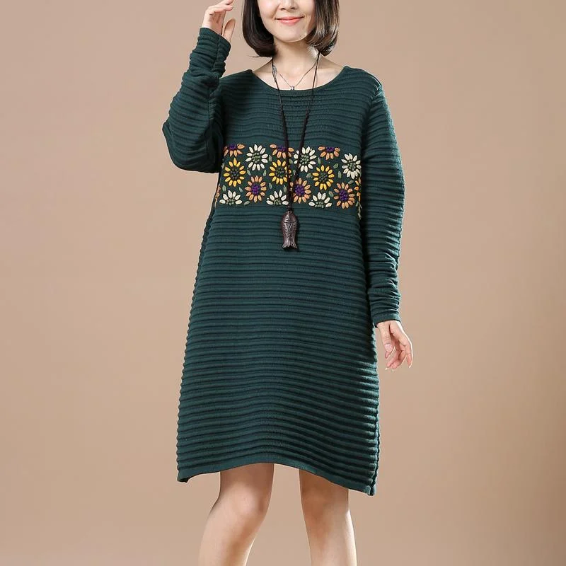 Green sweaters daisy embroidery knit dress Elegant Classic Vintage