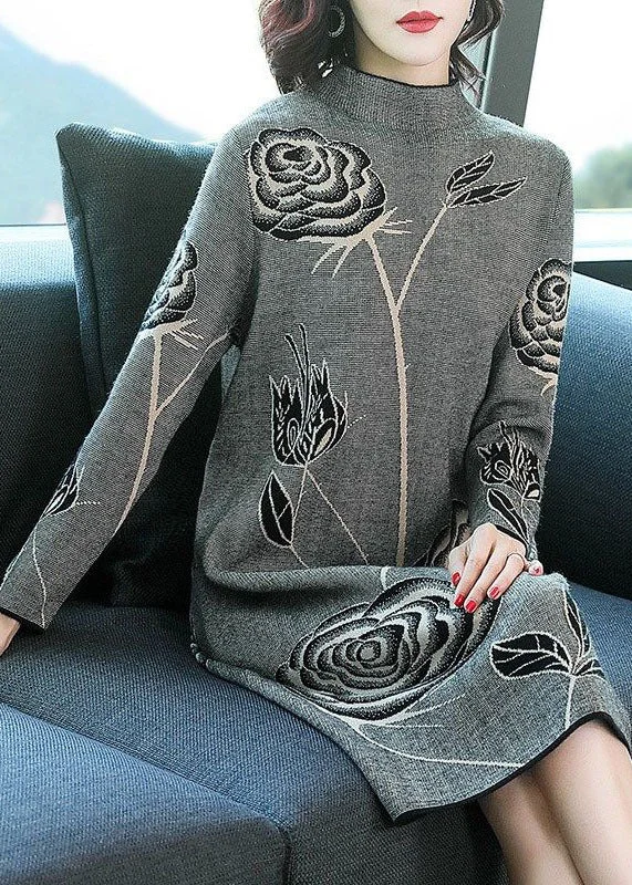 Grey Floral Print Knit Long Sweater Dress Turtleneck Winter Soft Cozy Warm
