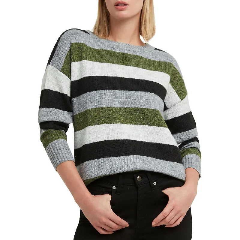 H Halston Womens Drop Shoulder Ribbed rm Crewneck Sweater Seamless Knitted Crochet