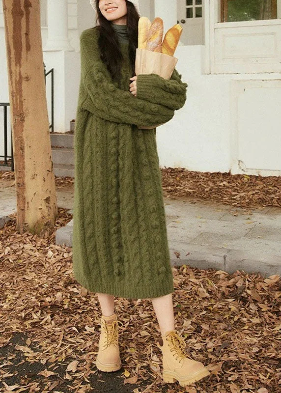 Handmade Green O-Neck Side Open Cozy Cotton Knit Cable Sweater Dress Long Sleeve Terry Terry Cloth Terry Knit Handmade Green O-Neck Side Open Cozy Cotton Knit Cable Sweater Dress Long Sleeve Terry Terry Cloth Terry Knit