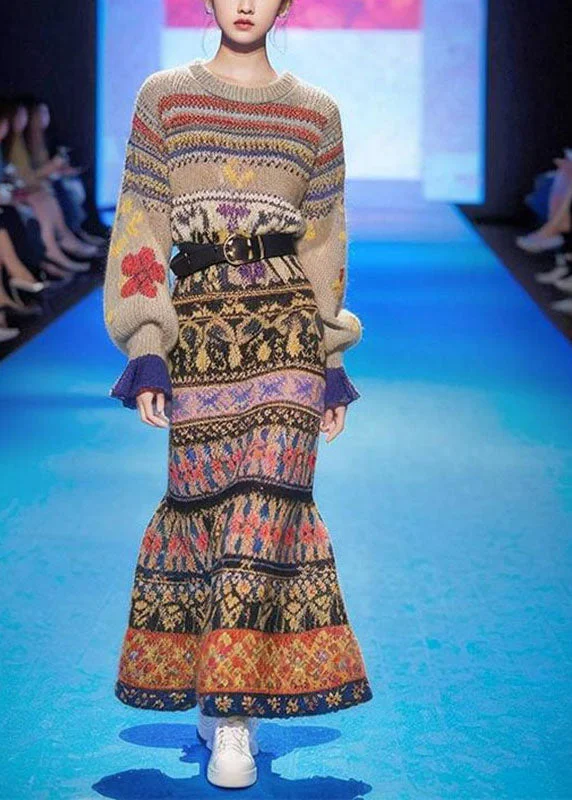 Handmade O-Neck Print Cotton Knit Long A Line Sweater Dress Long Sleeve Mesh Sweater Canvas Denim Handmade O-Neck Print Cotton Knit Long A Line Sweater Dress Long Sleeve Mesh Sweater Canvas Denim