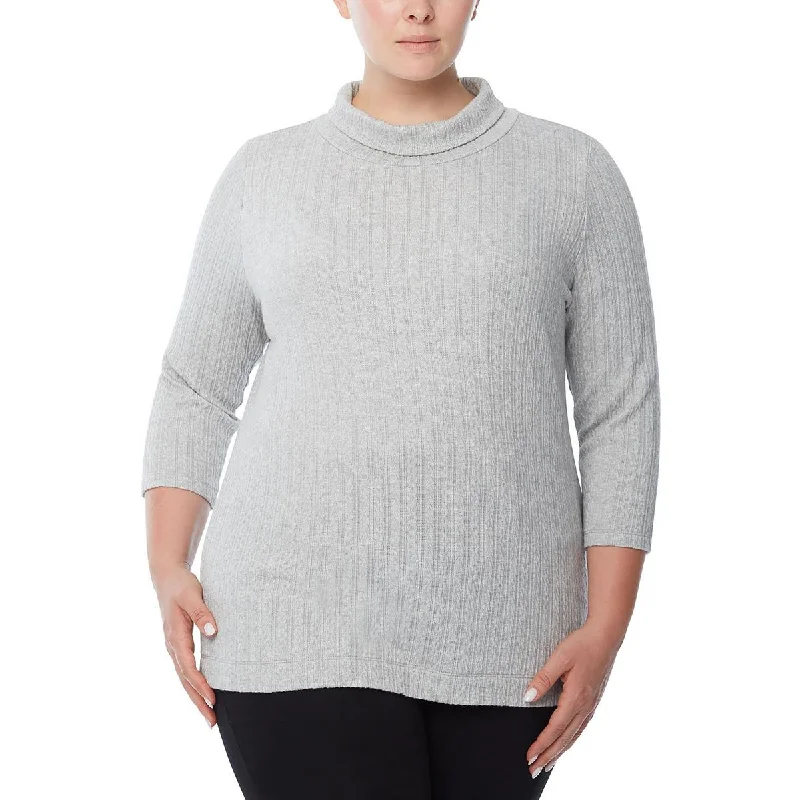 Jones New York Womens Plus Cable Knit Stretch Mock Turtleneck Sweater Boat Neck Shawl Collar Notched Collar