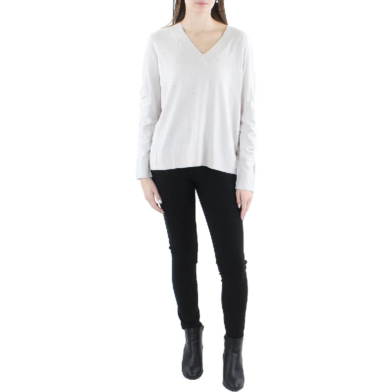 Nic + Zoe Womens Relaxed Embellished Ribbed Trim V-Neck Sweater Spandex Blend Rayon Blend Denim Blend