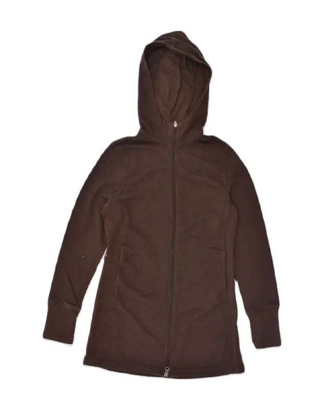 NIKE Womens Longline Zip Hoodie Sweater UK 12 Medium Brown Cotton Jersey Fabric Tulle Fabric Batik Fabric