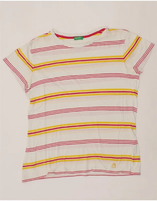 BENETTON Womens T-Shirt Top UK 14 Large White Striped Cotton