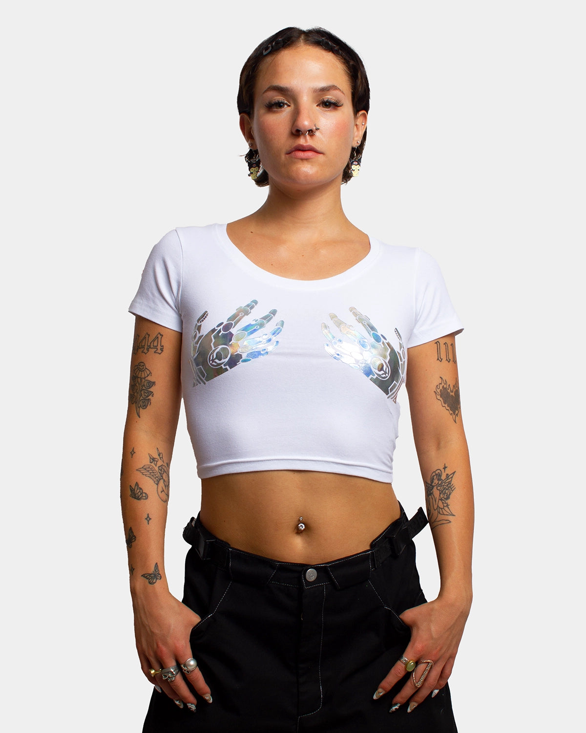 BIONIC BRA CROP T-SHIRT WHITE Denim Fabric Leather Fabric Suede Fabric
