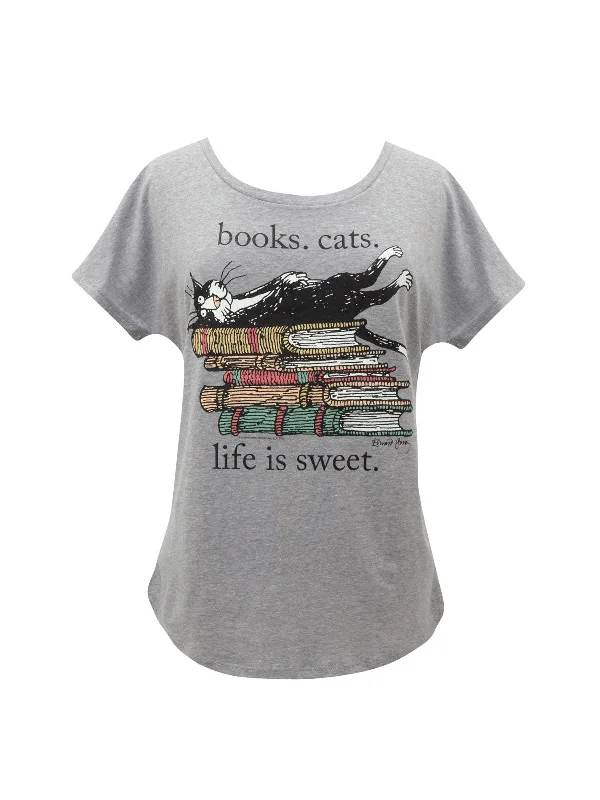 Books. Cats. Life is Sweet. Women’s Relaxed Fit T-Shirt Spandex Blend Rayon Blend Denim Blend