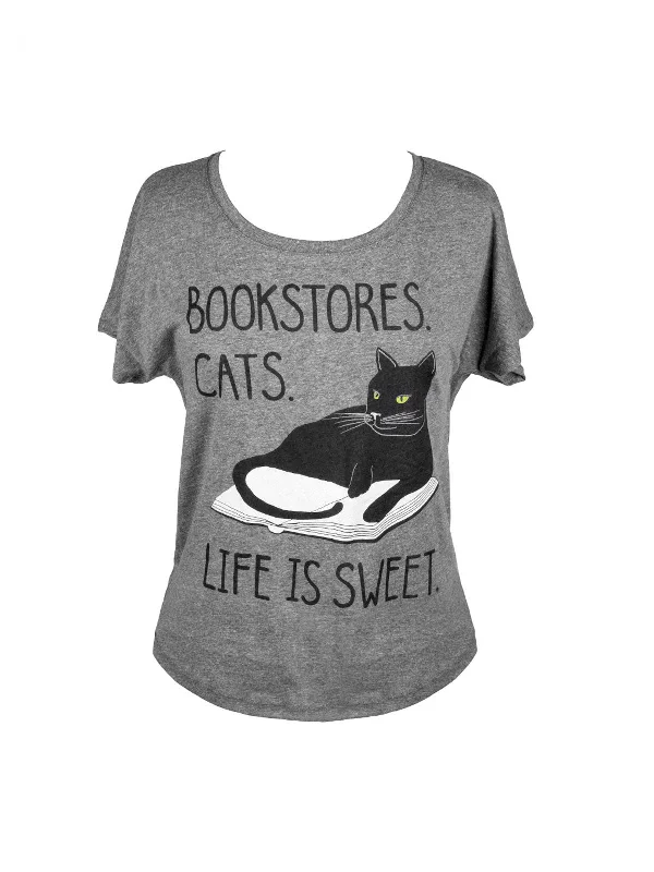 Bookstore Cats Women’s Relaxed Fit T-Shirt Ribbed Striped Patterned