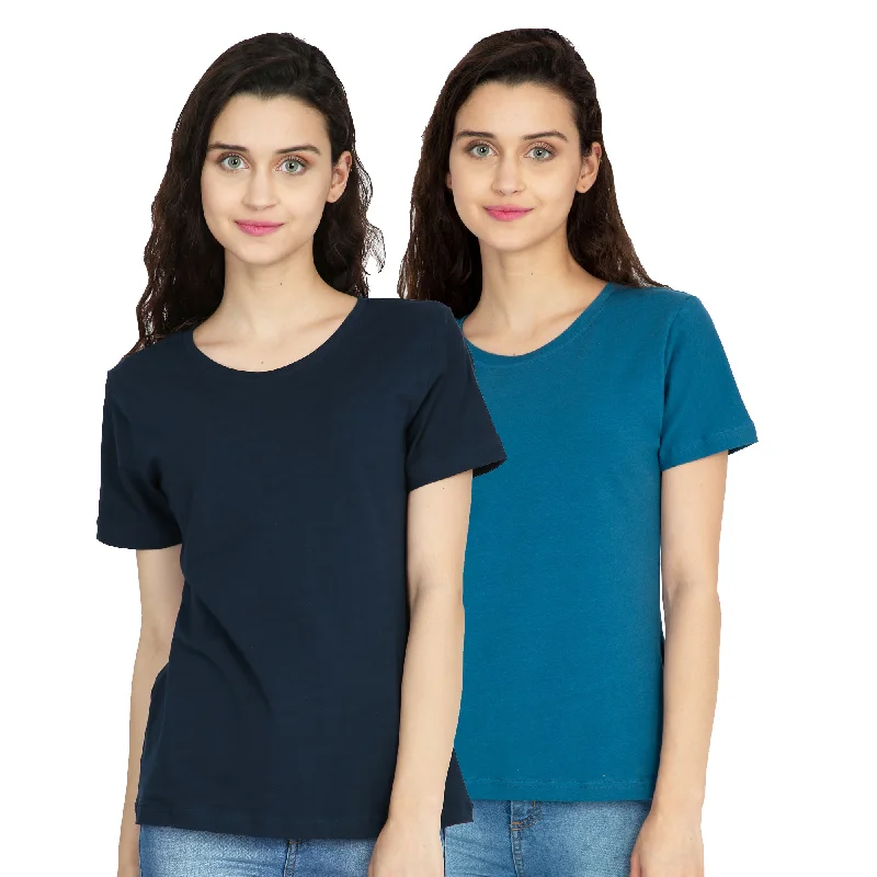 Cotton Stretchable Combo Women T-Shirt Solid Color | Blue | Navy Blue Ribbed Striped Patterned Cotton Stretchable Combo Women T-Shirt Solid Color | Blue | Navy Blue Ribbed Striped Patterned