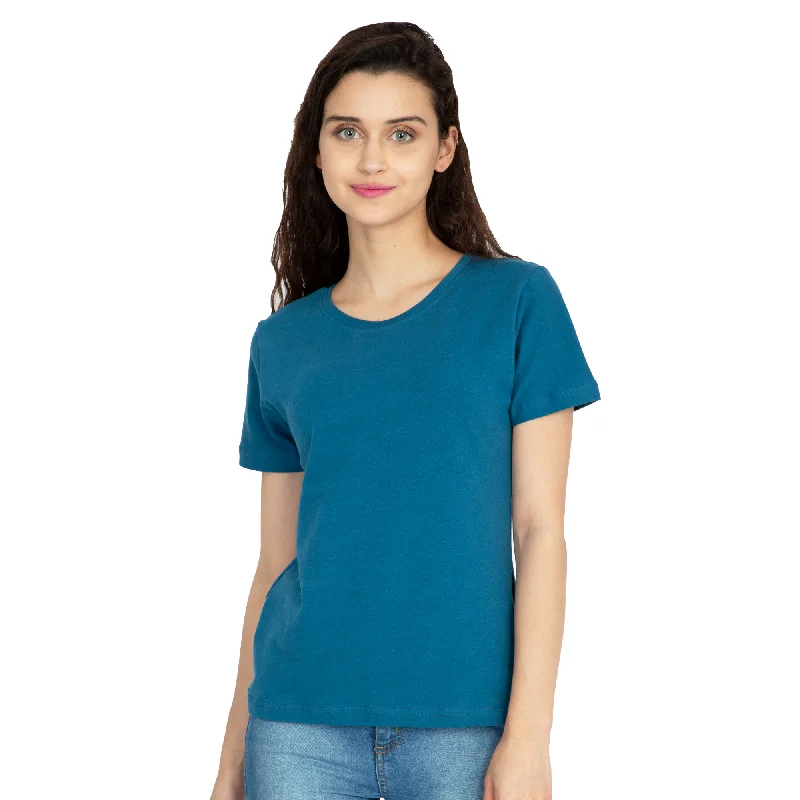 Cotton Stretchable Women T-Shirt Solid Color | Blue Sequined Glittery Shiny
