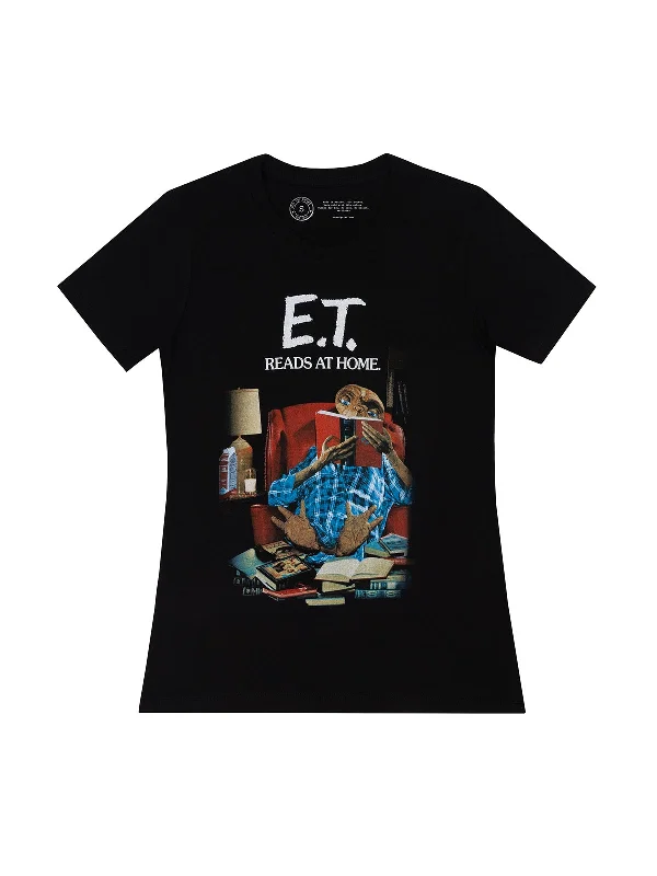 E.T. Reads at Home Women's Crew T-Shirt Asymmetrical Pockets Print