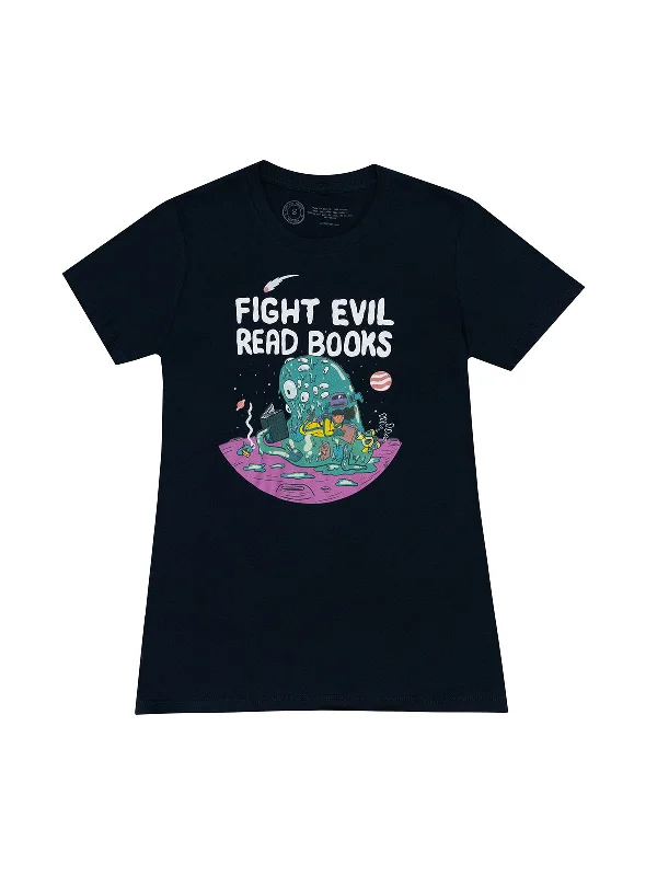 Fight Evil, Read Books Women's Crew T-Shirt (2023) Front Pockets Side Pockets Patch Pockets