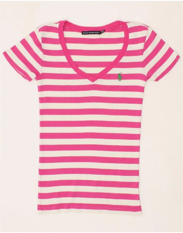 RALPH LAUREN Womens T-Shirt Top UK 12 Medium Pink Striped Cotton