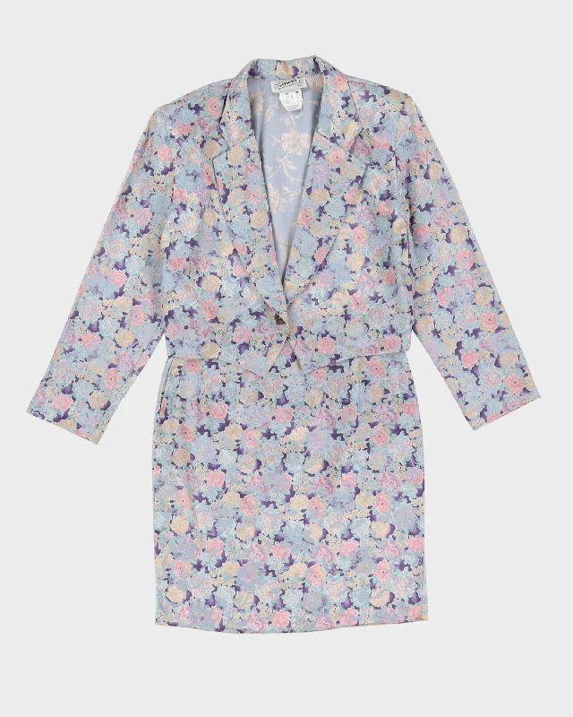 00s Blue Floral Patterned Jacket And Skirt Suit - S Cotton Jacket Linen Jacket Terry Jacket