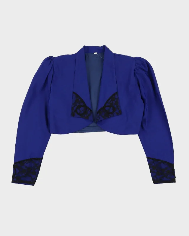 00s Blue With Black Laze Cropped Jacket -XS Notch Collar Jacket Peter Pan Collar Jacket Cowl Neck Jacket
