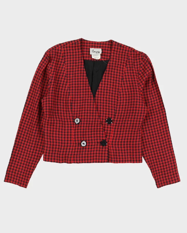 00s Red And Black Checked Cropped Jacket - M Welt Pockets Slit Pockets Flap Pockets