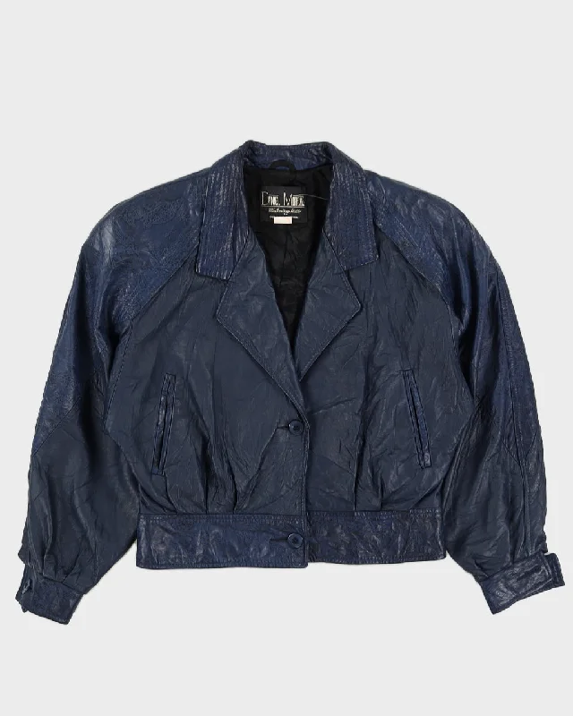 1990s Blue Leather Jacket - M / L Fleece Fabric Down Fabric Feather Fabric
